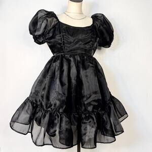 Thorn & Fable Black Organza Puff Sleeve Babydoll Dress Goth Romantic Coquette